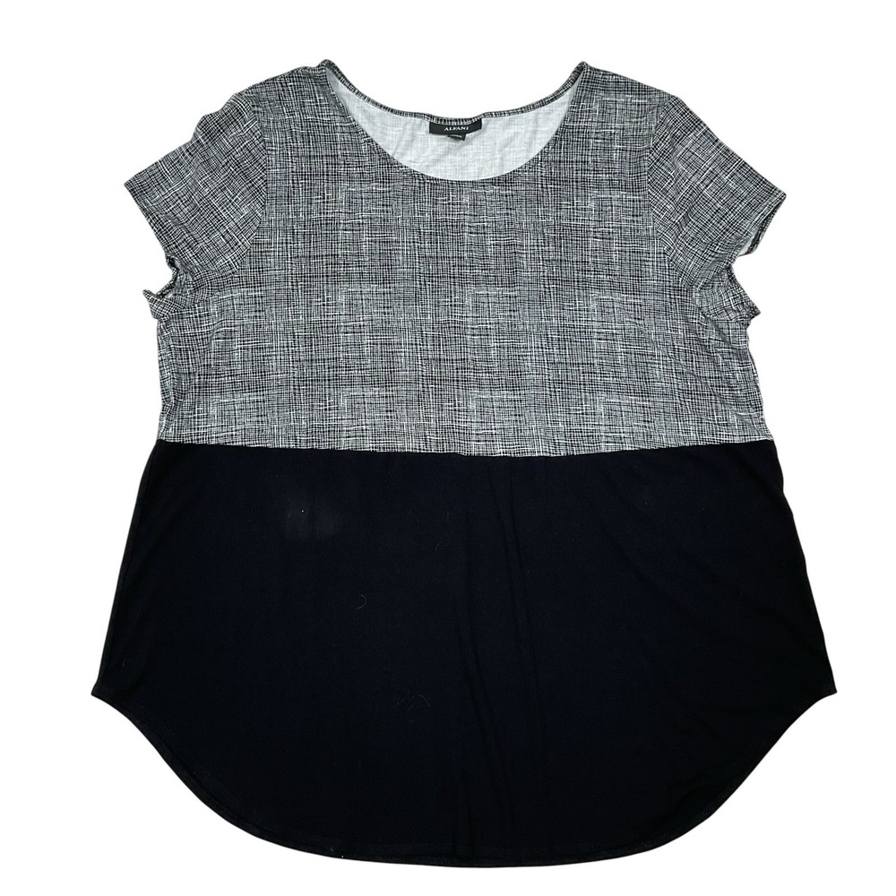 Alfani Women's Gray Black Color Block Blouse Shirt XL Scoop Neck Short Sleeve